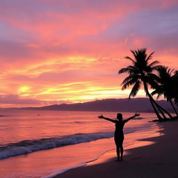 A beautiful sunset over a serene beach, casting warm colors of orange, pink, and purple across the sky