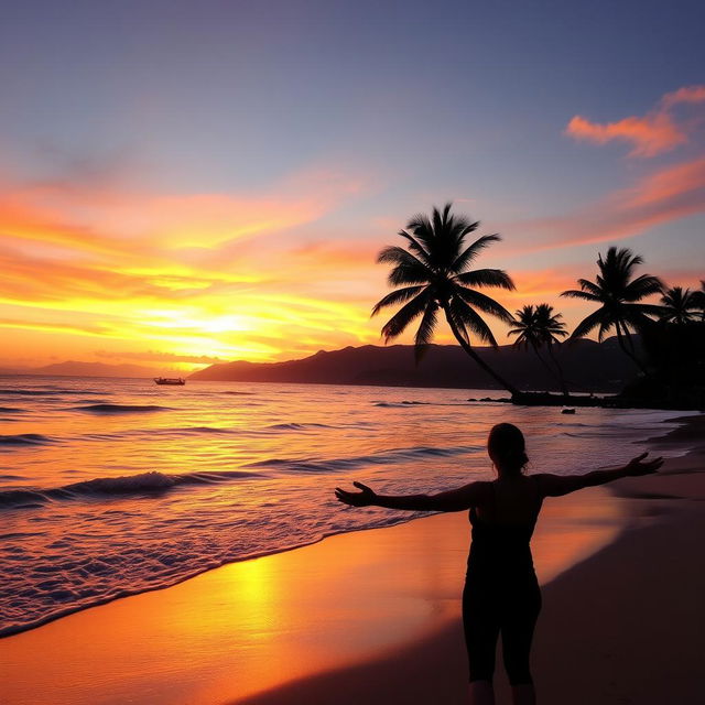 A beautiful sunset over a serene beach, casting warm colors of orange, pink, and purple across the sky