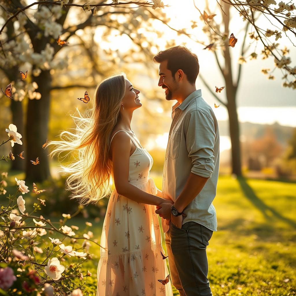 A heartwarming scene of a man and woman standing together in a beautifully lit park, surrounded by blooming flowers and soft, golden sunlight filtering through the trees