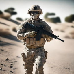 Generate an image of a modern American soldier, dressed in up-to-date camouflage, carefully securing peace on a dusty road.