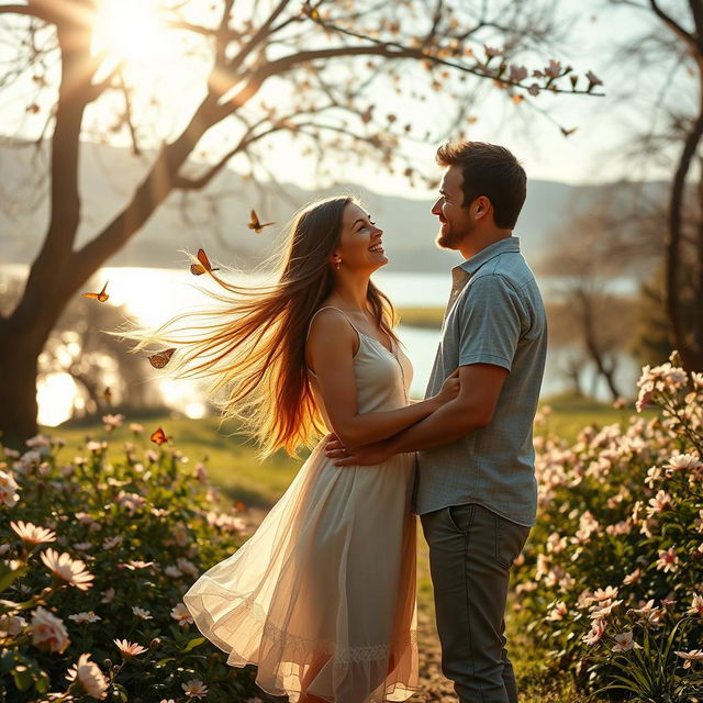 A heartwarming scene of a man and woman standing together in a beautifully lit park, surrounded by blooming flowers and soft, golden sunlight filtering through the trees