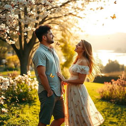 A heartwarming scene of a man and woman standing together in a beautifully lit park, surrounded by blooming flowers and soft, golden sunlight filtering through the trees