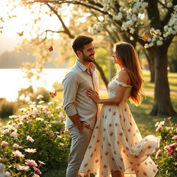 A heartwarming scene of a man and woman standing together in a beautifully lit park, surrounded by blooming flowers and soft, golden sunlight filtering through the trees