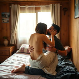 An intimate scene inside a modest lodge featuring a hot, cute 18-year-old Pakistani girl engaged in a passionate encounter with a man on a bed