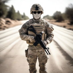 Generate an image of a modern American soldier, dressed in up-to-date camouflage, carefully securing peace on a dusty road.