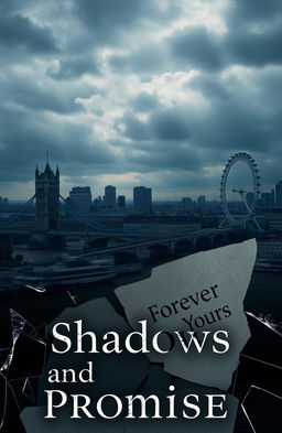 A dramatic London cityscape background featuring iconic landmarks such as the Tower Bridge and the London Eye under a moody and atmospheric sky