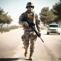 Generate an image of a modern American soldier, dressed in up-to-date camouflage, carefully securing peace on a dusty road.