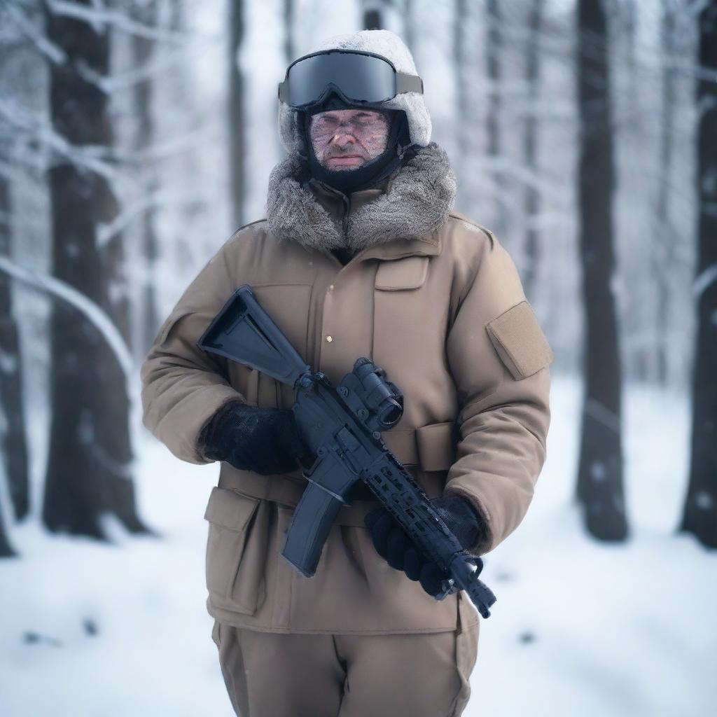 Generate a detailed image of a modern Russian soldier, equipped in the latest gear, standing at attention in a snowy environment