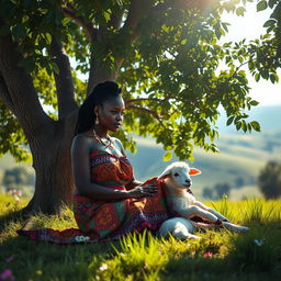 A serene scene depicting an African woman sitting gracefully under a large, lush tree, with a content little lamb nestled beside her