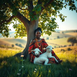 A serene scene depicting an African woman sitting gracefully under a large, lush tree, with a content little lamb nestled beside her