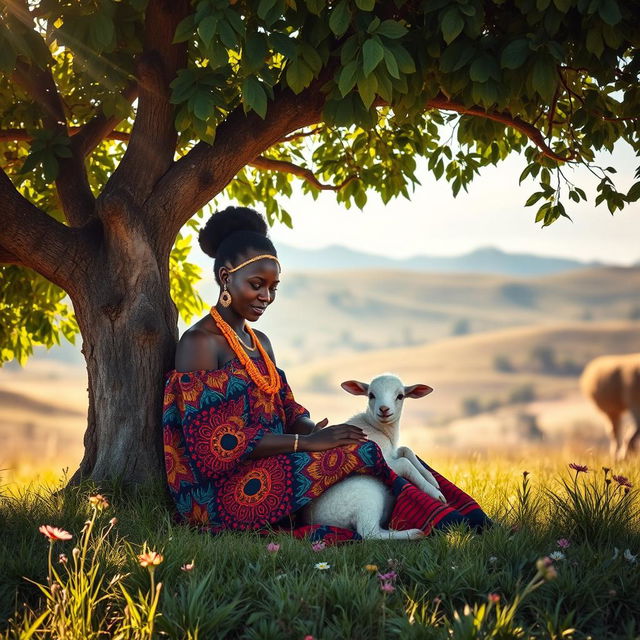 A serene scene depicting an African woman sitting gracefully under a large, lush tree, with a content little lamb nestled beside her