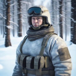 Generate a detailed image of a modern Russian soldier, equipped in the latest gear, standing at attention in a snowy environment