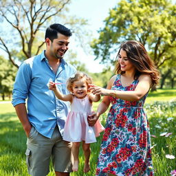 A heartwarming scene of a man and a woman joyfully interacting with a little girl in a sunny park setting
