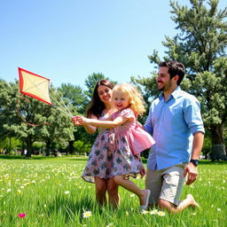 A heartwarming scene of a man and a woman joyfully interacting with a little girl in a sunny park setting