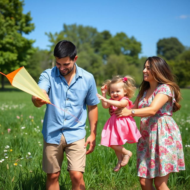 A heartwarming scene of a man and a woman joyfully interacting with a little girl in a sunny park setting