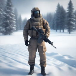 Generate a detailed image of a modern Russian soldier, equipped in the latest gear, standing at attention in a snowy environment