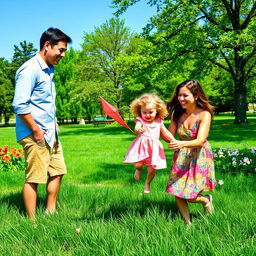 A heartwarming scene of a man and a woman joyfully interacting with a little girl in a sunny park setting