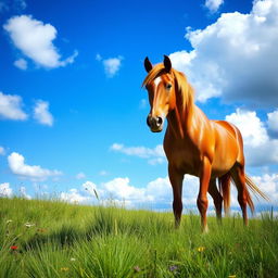 A majestic horse standing on a grassy meadow, with a vibrant blue sky and fluffy white clouds in the background