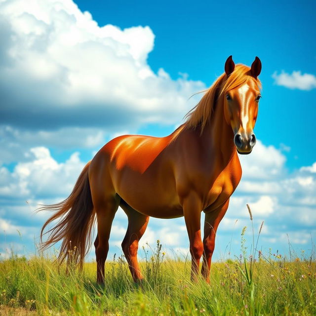 A majestic horse standing on a grassy meadow, with a vibrant blue sky and fluffy white clouds in the background