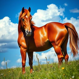 A majestic horse standing on a grassy meadow, with a vibrant blue sky and fluffy white clouds in the background