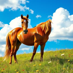 A majestic horse standing on a grassy meadow, with a vibrant blue sky and fluffy white clouds in the background