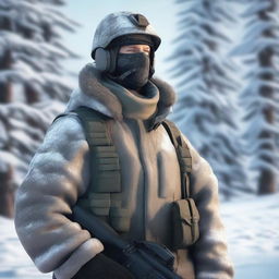 Generate a detailed image of a modern Russian soldier, equipped in the latest gear, standing at attention in a snowy environment