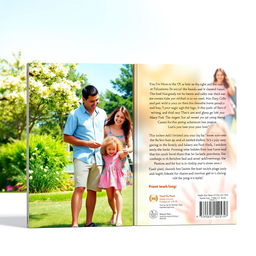 An enchanting book cover design featuring a heartwarming scene on the front: a man and a woman joyfully interacting with a little girl in a sunny park