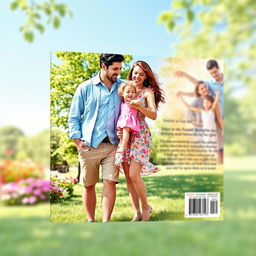 An enchanting book cover design featuring a heartwarming scene on the front: a man and a woman joyfully interacting with a little girl in a sunny park