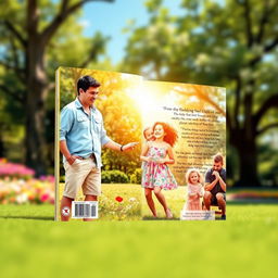An enchanting book cover design featuring a heartwarming scene on the front: a man and a woman joyfully interacting with a little girl in a sunny park