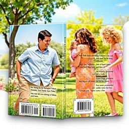 An enchanting book cover design featuring a heartwarming scene on the front: a man and a woman joyfully interacting with a little girl in a sunny park