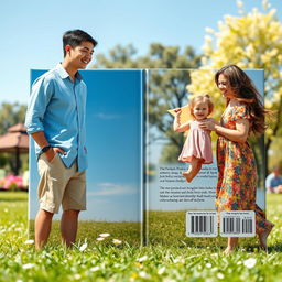 An enchanting book cover design without any text, showcasing a heartwarming scene on the front: a man and a woman joyfully interacting with a little girl in a sunny park