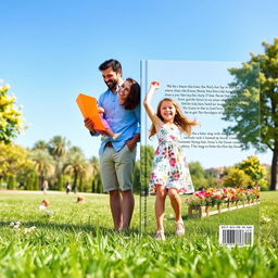 An enchanting book cover design without any text, showcasing a heartwarming scene on the front: a man and a woman joyfully interacting with a little girl in a sunny park