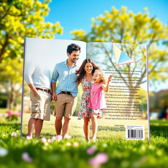 An enchanting book cover design without any text, showcasing a heartwarming scene on the front: a man and a woman joyfully interacting with a little girl in a sunny park