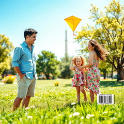 An enchanting book cover design without any text, showcasing a heartwarming scene on the front: a man and a woman joyfully interacting with a little girl in a sunny park