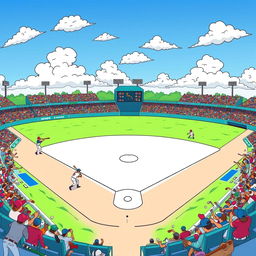 A fun and engaging baseball coloring page featuring a detailed illustration of a classic baseball field with players in motion, a white baseball diamond, and bright green grass
