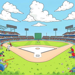 A fun and engaging baseball coloring page featuring a detailed illustration of a classic baseball field with players in motion, a white baseball diamond, and bright green grass