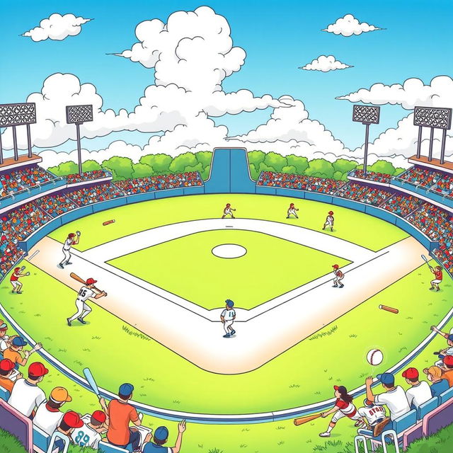 A fun and engaging baseball coloring page featuring a detailed illustration of a classic baseball field with players in motion, a white baseball diamond, and bright green grass