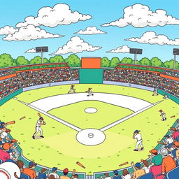 A fun and engaging baseball coloring page featuring a detailed illustration of a classic baseball field with players in motion, a white baseball diamond, and bright green grass