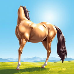 A detailed and realistic illustration of a purebred Arabian horse, showcasing its muscular hindquarters and elegant physique