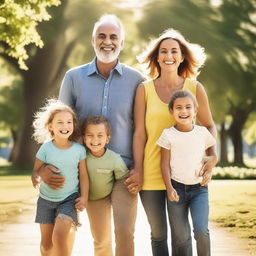 Generate an image of a cheerful family of four, parents and two children, laughing and enjoying a sunny day in a park.