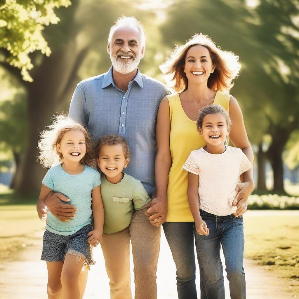 Generate an image of a cheerful family of four, parents and two children, laughing and enjoying a sunny day in a park.