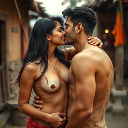 An intimate scene set outside an Indian village featuring a hot, cute 18-year-old Pakistani girl having a romantic encounter with a young man