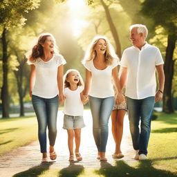 Generate an image of a cheerful family of four, parents and two children, laughing and enjoying a sunny day in a park.