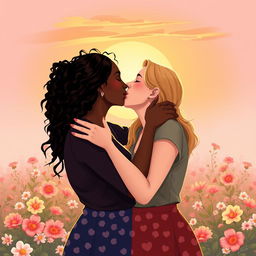 A heartwarming scene of two women in a loving embrace, passionately kissing under a beautiful sunset