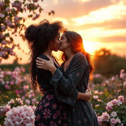 A heartwarming scene of two women in a loving embrace, passionately kissing under a beautiful sunset