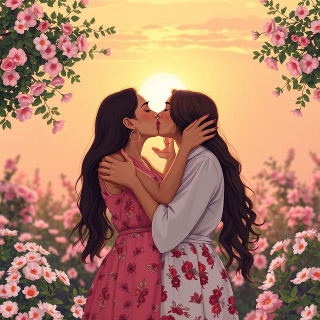 A heartwarming scene of two women in a loving embrace, passionately kissing under a beautiful sunset