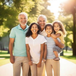 Generate an image of a cheerful family of four, parents and two children, laughing and enjoying a sunny day in a park.