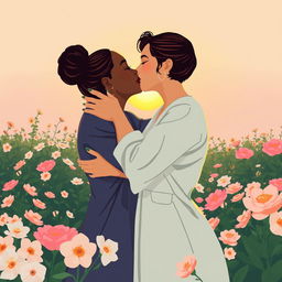 A heartwarming scene of two women in a loving embrace, passionately kissing under a beautiful sunset