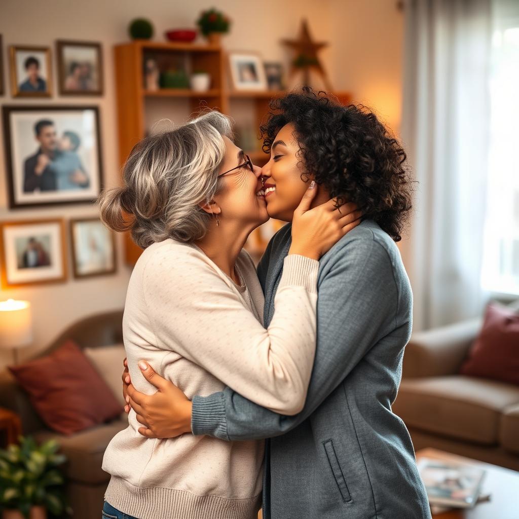 A heartwarming scene featuring two women in a loving embrace, passionately kissing