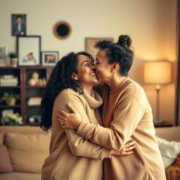 A heartwarming scene featuring two women in a loving embrace, passionately kissing